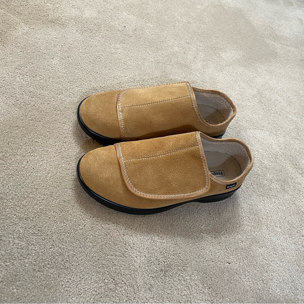 Propet Men's Suede Slip-On Loafers in Tan with Black Sole